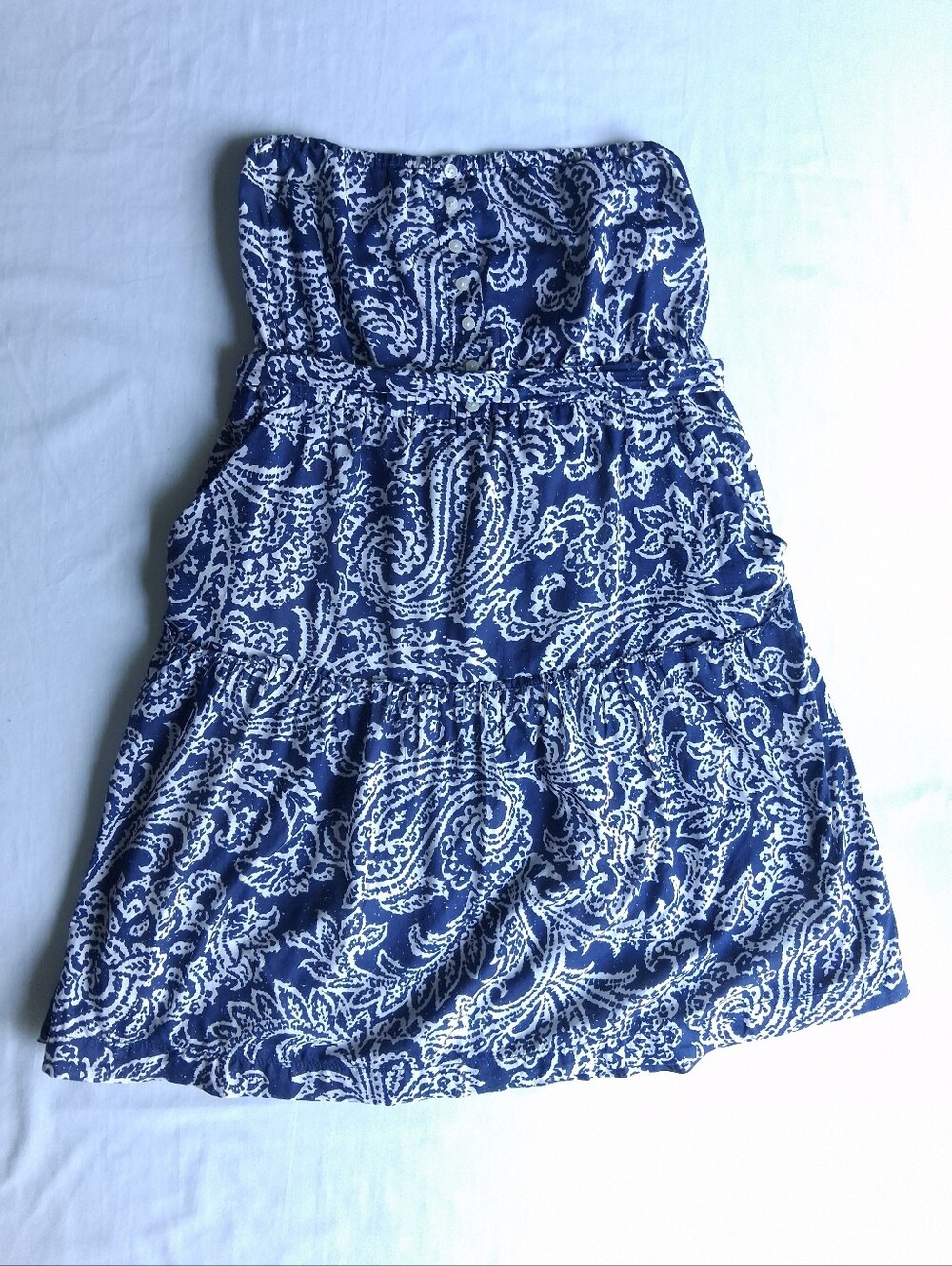 American Eagle Strapless Dress Tiered Paisley Navy Blue & White Women's Size 12